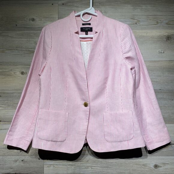 Talbots Aberdeen Blazer Linen Blend Pink White Stripe Size 8P Preppy Old Money - Picture 1 of 9